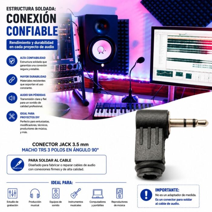Conector Jack 3.5 mm Macho TRS Estéreo Acodado 90° para Soldar Cable