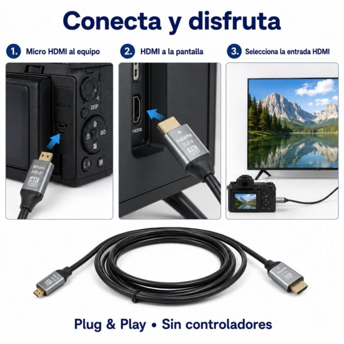 Cable HDMI Tipo A macho a Micro HDMI Tipo D macho de 1,5 metros.