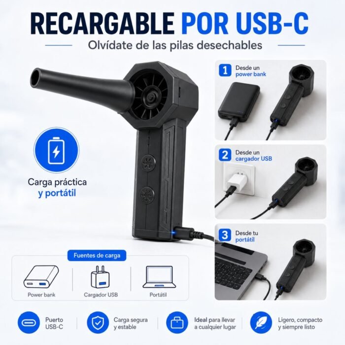 Mini Soplador de Aire Turbo Recargable con Linterna LED y Motor Brushless