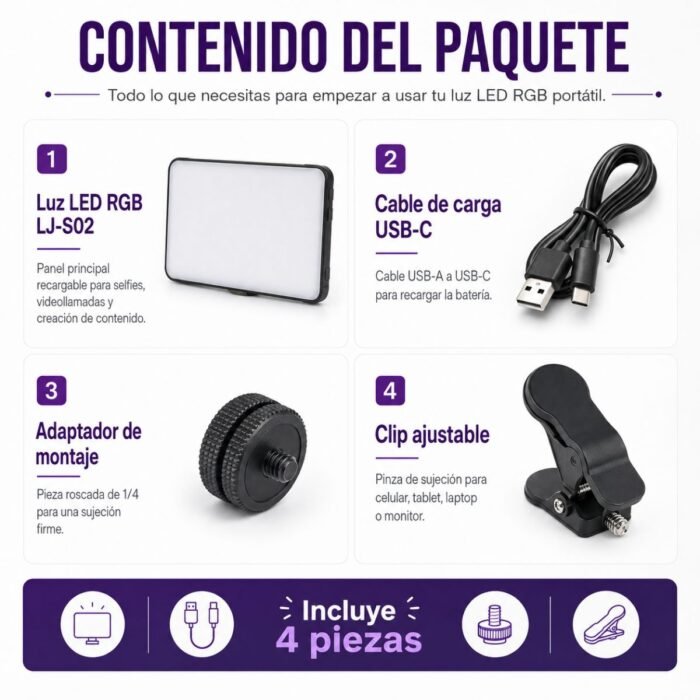 Luz LED RGB Recargable con Clip para Celular, Video y Selfies
