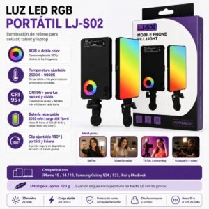 Luz LED RGB Recargable con Clip para Celular, Video y Selfies