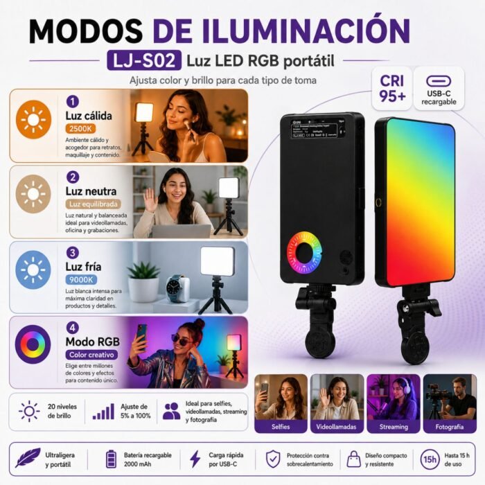 Luz LED RGB Recargable con Clip para Celular, Video y Selfies