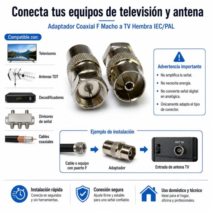 Adaptador Coaxial F Macho a TV Hembra IEC/PAL Metálico 75 Ohmios