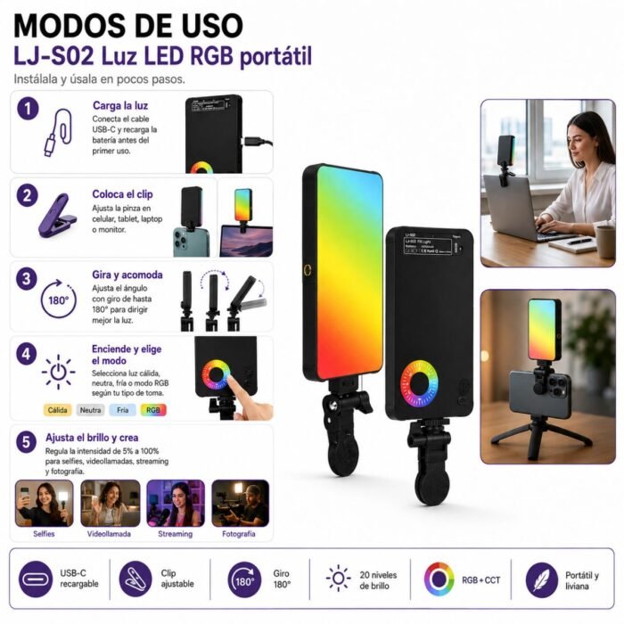 Luz LED RGB Recargable con Clip para Celular, Video y Selfies