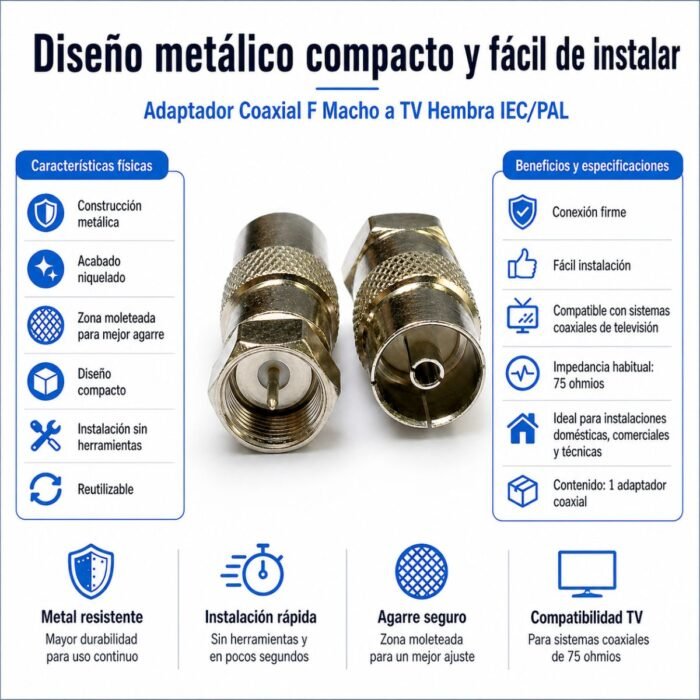 Adaptador Coaxial F Macho a TV Hembra IEC/PAL Metálico 75 Ohmios