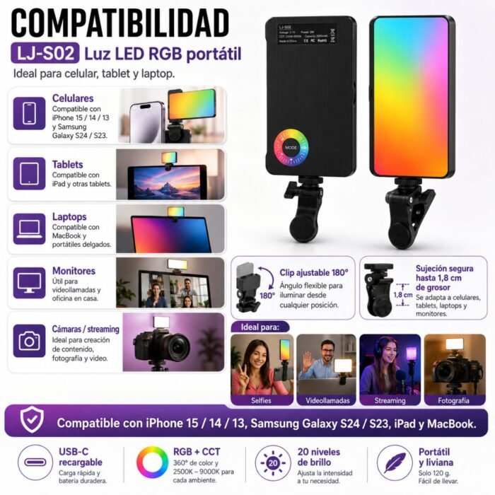 Luz LED RGB Recargable con Clip para Celular, Video y Selfies