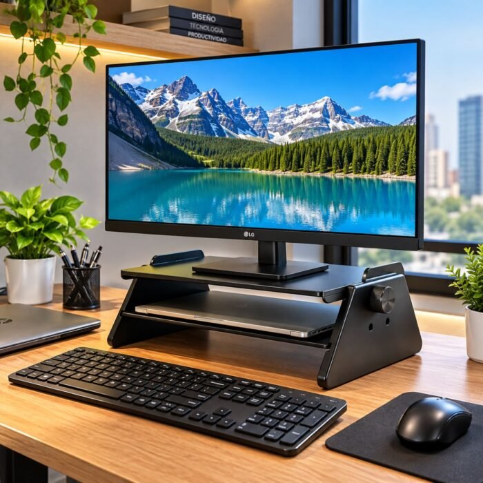 Soporte Elevador Ajustable para Monitor y Portátil de 3 Alturas con Repisa Organizadora – Negro Soporte Elevador Ajustable para Monitor y Portátil de 3 Alturas con Repisa Organizadora – Negro