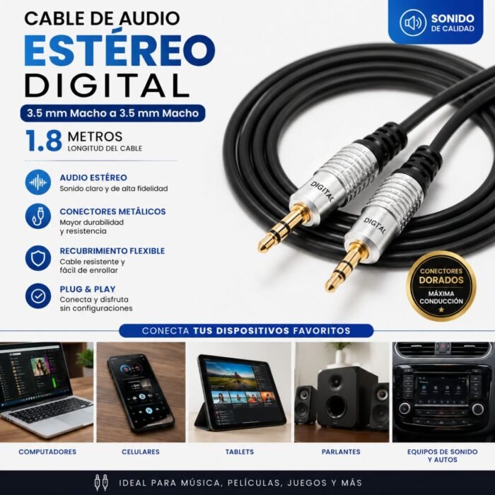 Cable Auxiliar Audio DIGITAL 3.5 mm Macho a Macho 1,8 Metros