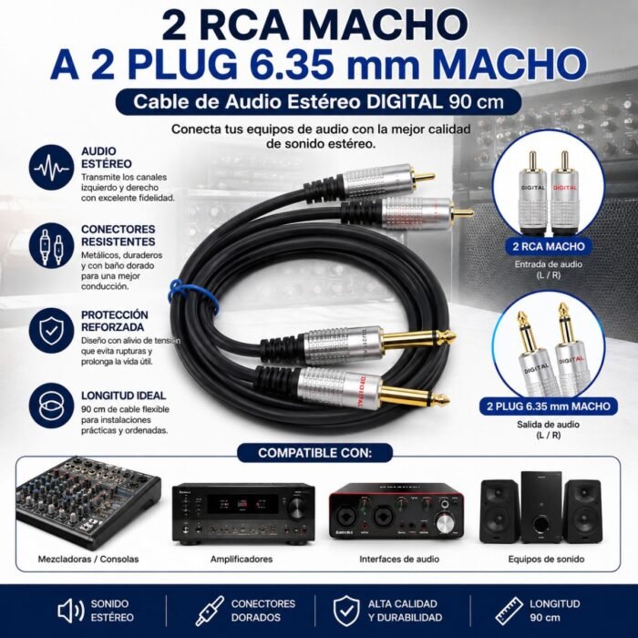 Cable de Audio DIGITAL 2 RCA Macho a 2 Plug 6.35 mm Macho 90 cm