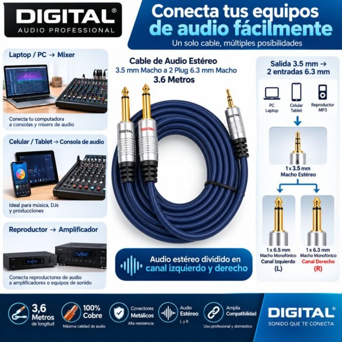 Cable de Audio Estéreo DIGITAL 3.5 mm Macho a 2 Plug 6.3 mm Macho 3.6 Metros