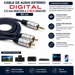 Cable de Audio Estéreo DIGITAL 3.5 mm Macho a 2 RCA Macho de 90 cm