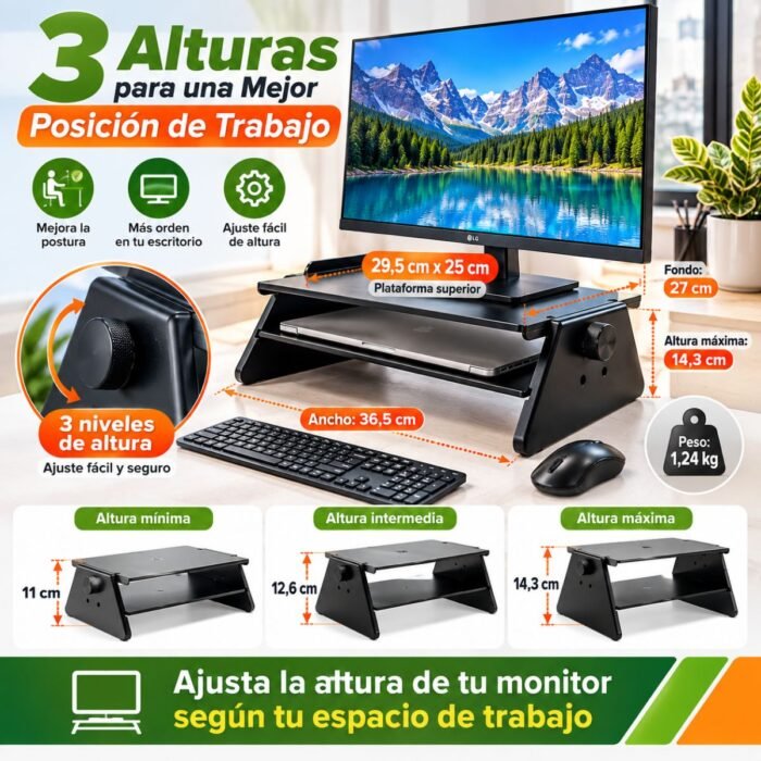 Soporte Elevador Ajustable para Monitor y Portátil de 3 Alturas con Repisa Organizadora – Negro Soporte Elevador Ajustable para Monitor y Portátil de 3 Alturas con Repisa Organizadora – Negro