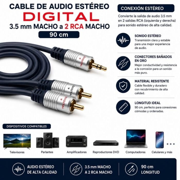 Cable de Audio Estéreo DIGITAL 3.5 mm Macho a 2 RCA Macho de 90 cm