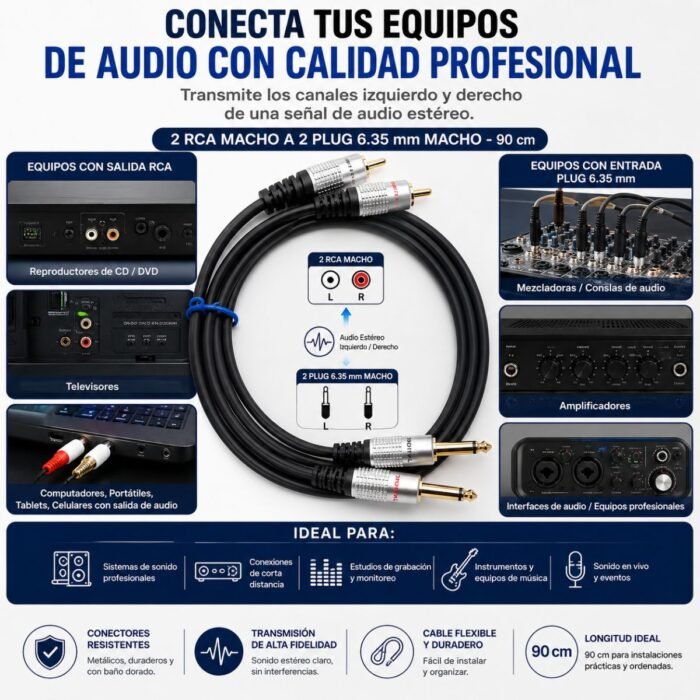 Cable de Audio DIGITAL 2 RCA Macho a 2 Plug 6.35 mm Macho 90 cm
