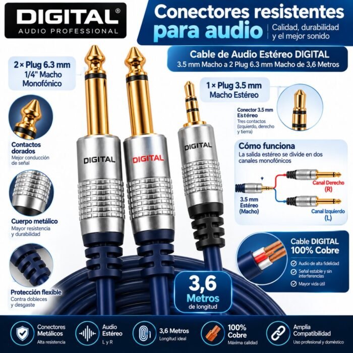 Cable de Audio Estéreo DIGITAL 3.5 mm Macho a 2 Plug 6.3 mm Macho 3.6 Metros