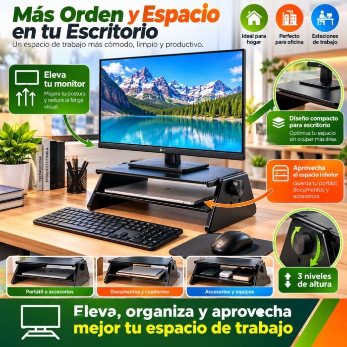 Soporte Elevador Ajustable para Monitor y Portátil de 3 Alturas con Repisa Organizadora – Negro Soporte Elevador Ajustable para Monitor y Portátil de 3 Alturas con Repisa Organizadora – Negro