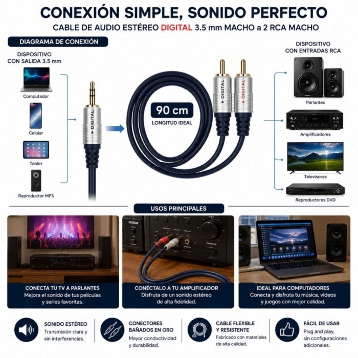Cable de Audio Estéreo DIGITAL 3.5 mm Macho a 2 RCA Macho de 90 cm