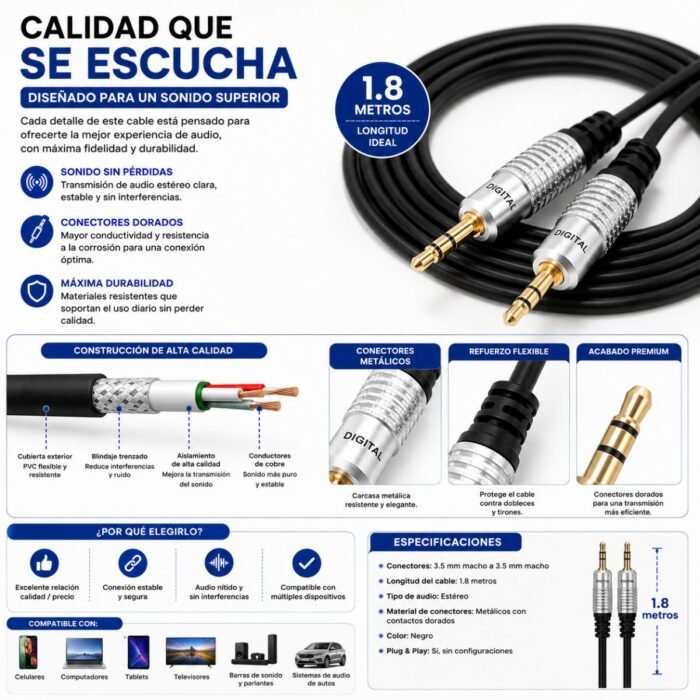 Cable Auxiliar Audio DIGITAL 3.5 mm Macho a Macho 1,8 Metros