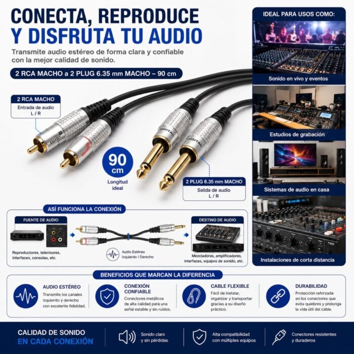 Cable de Audio DIGITAL 2 RCA Macho a 2 Plug 6.35 mm Macho 90 cm
