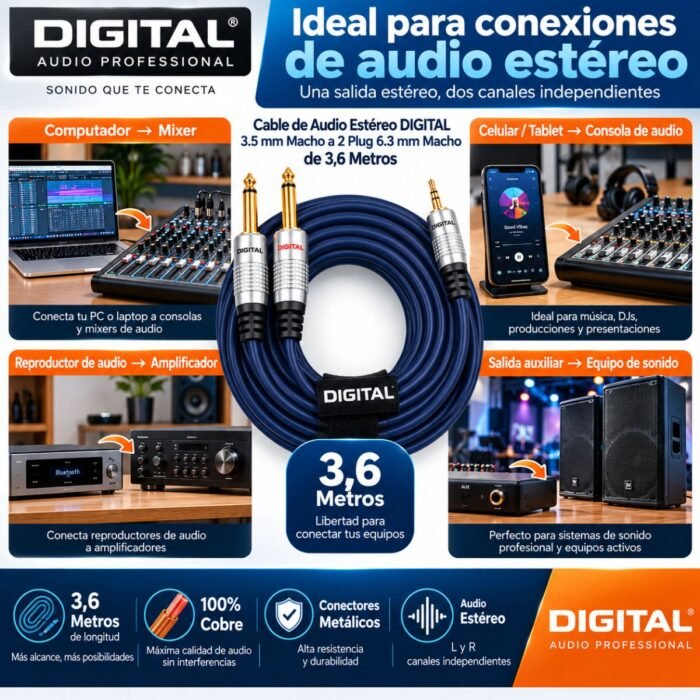 Cable de Audio Estéreo DIGITAL 3.5 mm Macho a 2 Plug 6.3 mm Macho 3.6 Metros