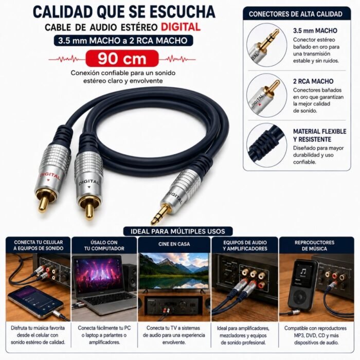 Cable de Audio Estéreo DIGITAL 3.5 mm Macho a 2 RCA Macho de 90 cm