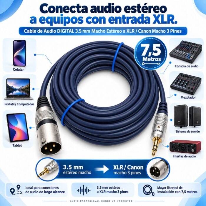 Cable de Audio DIGITAL 3.5 mm Macho Estéreo a XLR / Canon Macho 3 Pines 7,5 Metros