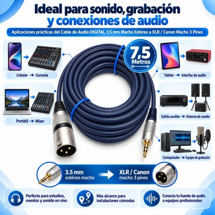 Cable de Audio DIGITAL 3.5 mm Macho Estéreo a XLR / Canon Macho 3 Pines 7,5 Metros