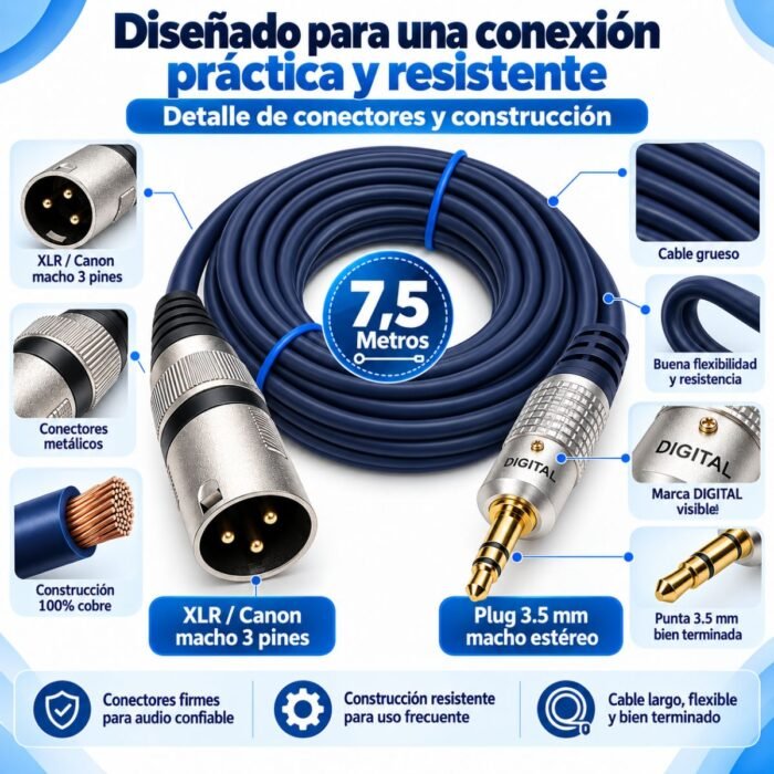 Cable de Audio DIGITAL 3.5 mm Macho Estéreo a XLR / Canon Macho 3 Pines 7,5 Metros