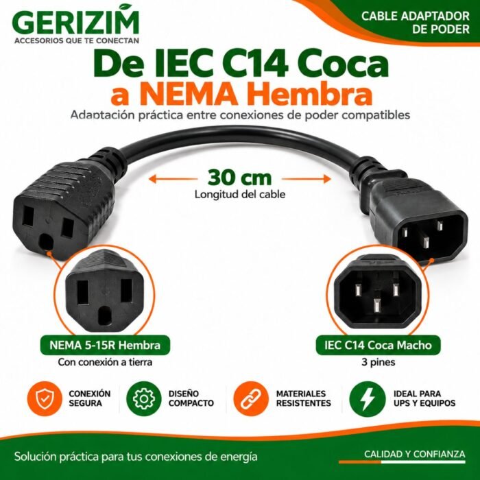 Cable Adaptador de Poder C14 Coca Macho a NEMA 5-15R Hembra 30 cm