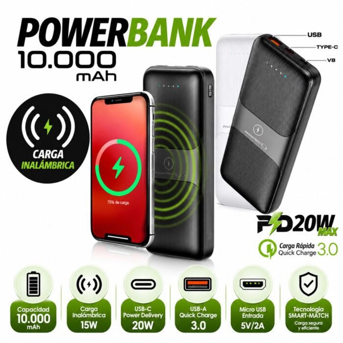 Power Bank Innovatech 10.000 mAh Carga Inalámbrica 15W PD 20W Quick Charge 3.0 Power Bank Innovatech 10.000 mAh Carga Inalámbrica 15W PD 20W Quick Charge 3.0
