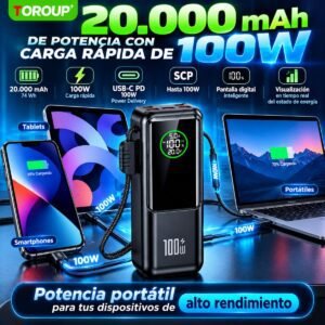 Power Bank TOROUP 20.000 mAh 100W PD/SCP con Cable USB-C Integrado y Pantalla Digital Power Bank TOROUP 20.000 mAh 100W PD/SCP con Cable USB-C Integrado y Pantalla Digital