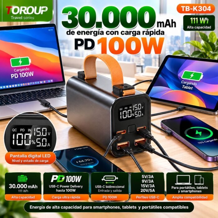 Power Bank TOROUP 30.000 mAh 100W PD con Linterna LED, Pantalla Digital y Asa de Transporte Power Bank TOROUP 30.000 mAh 100W PD con Linterna LED, Pantalla Digital y Asa de Transporte