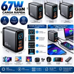 Cargador Rápido GaN 67W con Pantalla TFT – 2 USB-C + 1 USB-A