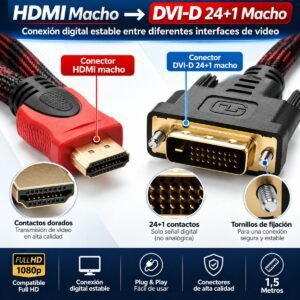Cable HDMI Macho a DVI-D 24+1 Macho 1,5 Metros Trenzado Full HD