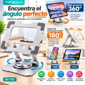 Soporte Metálico Plegable TREQA BC-T32 para Tablet y Celular con Giro 360°