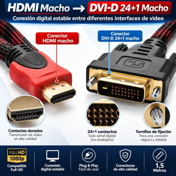Cable HDMI Macho a DVI-D 24+1 Macho 1,5 Metros Trenzado Full HD