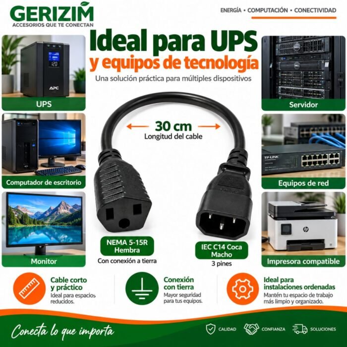 Cable Adaptador de Poder C14 Coca Macho a NEMA 5-15R Hembra 30 cm