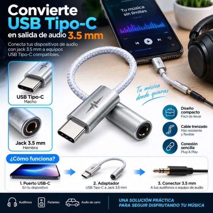 Adaptador de Audio USB Tipo-C Macho a Jack 3.5 mm Hembra Adaptador de Audio USB Tipo-C Macho a Jack 3.5 mm Hembra
