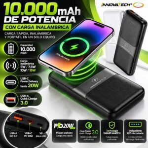 Power Bank Innovatech 10.000 mAh Carga Inalámbrica 15W PD 20W Quick Charge 3.0
