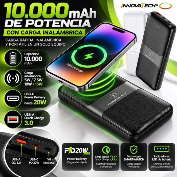 Power Bank Innovatech 10.000 mAh Carga Inalámbrica 15W PD 20W Quick Charge 3.0 Power Bank Innovatech 10.000 mAh Carga Inalámbrica 15W PD 20W Quick Charge 3.0