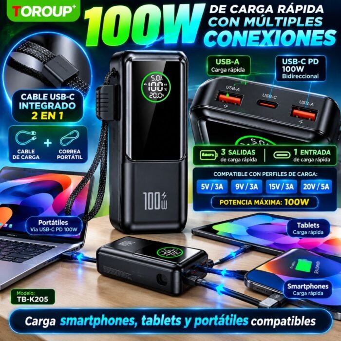 Power Bank TOROUP 20.000 mAh 100W PD/SCP con Cable USB-C Integrado y Pantalla Digital