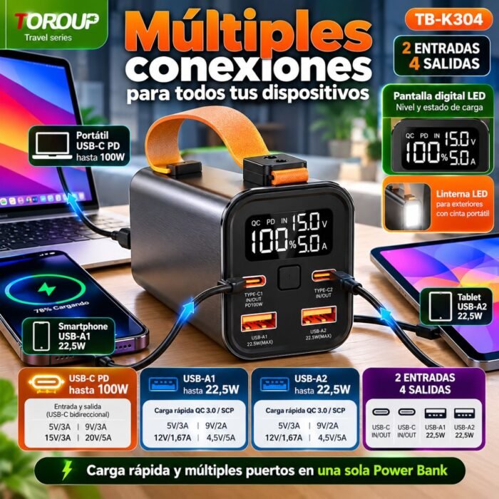 Power Bank TOROUP 30.000 mAh 100W PD con Linterna LED, Pantalla Digital y Asa de Transporte Power Bank TOROUP 30.000 mAh 100W PD con Linterna LED, Pantalla Digital y Asa de Transporte