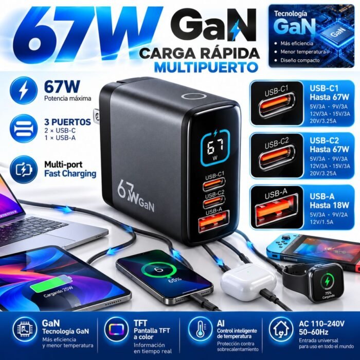 Cargador Rápido GaN 67W con Pantalla TFT – 2 USB-C + 1 USB-A