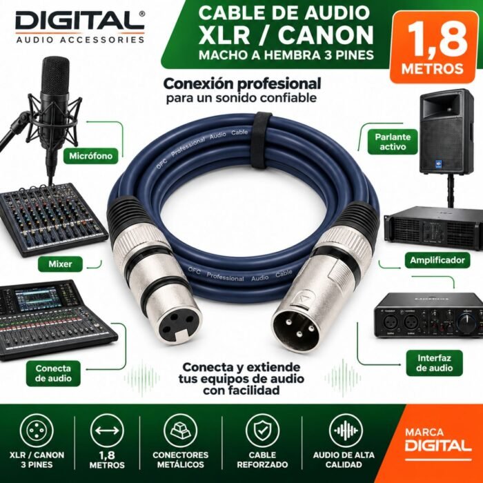 Cable de Audio DIGITAL XLR / Canon Macho a Hembra 3 Pines 1,8 Metros