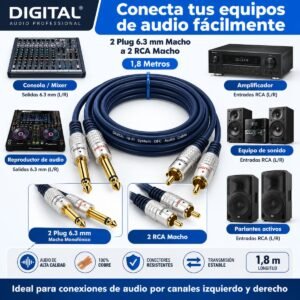 Cable de Audio DIGITAL 2 Plug 6.3 mm Macho Monofónico a 2 RCA Macho 1,8 Metros