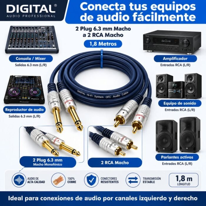 Cable de Audio DIGITAL 2 Plug 6.3 mm Macho Monofónico a 2 RCA Macho 1,8 Metros