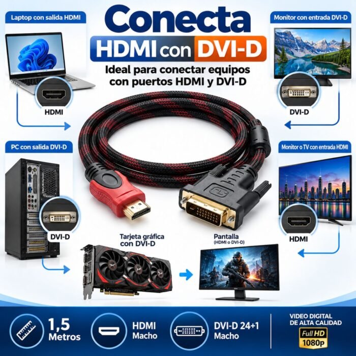Cable HDMI Macho a DVI-D 24+1 Macho 1,5 Metros Trenzado Full HD