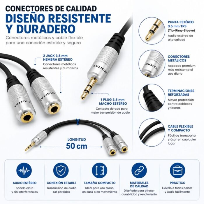 Cable de Audio Estéreo DIGITAL 3.5 mm Macho a 2 Hembras 3.5 mm de 50 cm