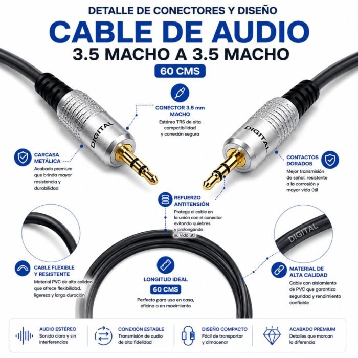 Cable de Audio DIGITAL 3.5 mm Macho a 3.5 mm Macho 60 cm Estéreo Cable de Audio DIGITAL 3.5 mm Macho a 3.5 mm Macho 60 cm Estéreo