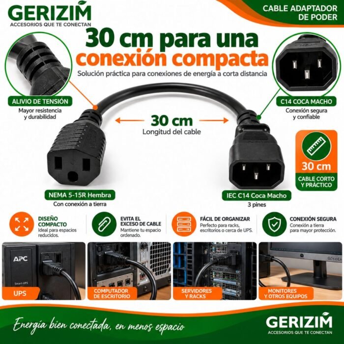 Cable Adaptador de Poder C14 Coca Macho a NEMA 5-15R Hembra 30 cm